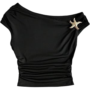Floerns Girl's Summer Off The Shoulder Tops Metal Starfish Ruched Sleeveless Fitted Cute Tops
