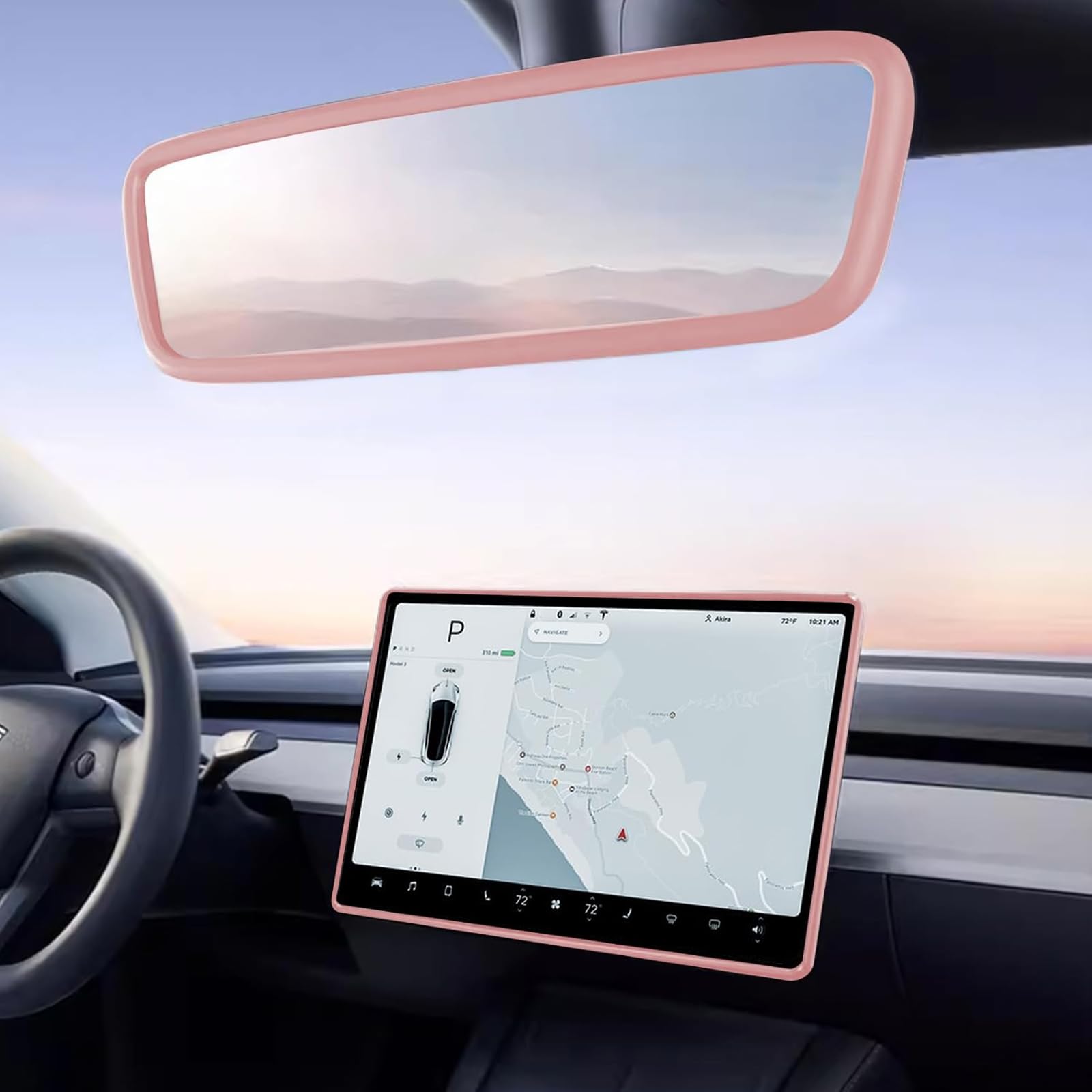 Photo 1 of 2PCS Protector Trim Frame Compatible with Tesla Model 3 Y 2019-2024 2025 Screen Edge Frame Rearview Mirror Cover Interior Silicone Decorations Center Console Decor Highland Juniper Accessories (Pink)