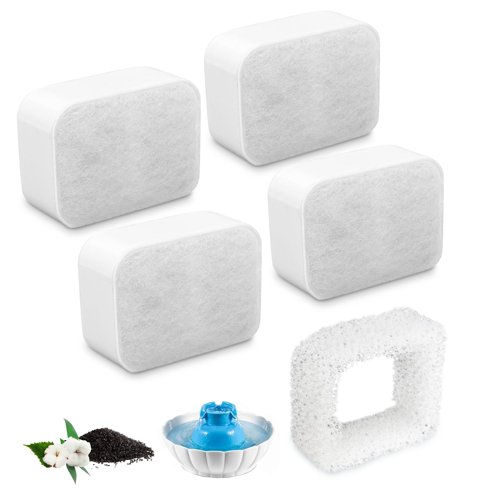 Fydun Pet Fountain Water Feeder Filters, 5Pcs Incl 4 Activated Carbon & 1 Foam Filter for Clean and Fresh Water, Regular Replacement for Cats and Dogs