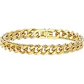 Rockyu Men's Cuban Link Bracelet 9mm Gold Plated Stainless Steel 8.3 Inch Hypoallergenic Curb Chain Durable Polished Jewelry for Hip Hop Fashion Birthday Gift