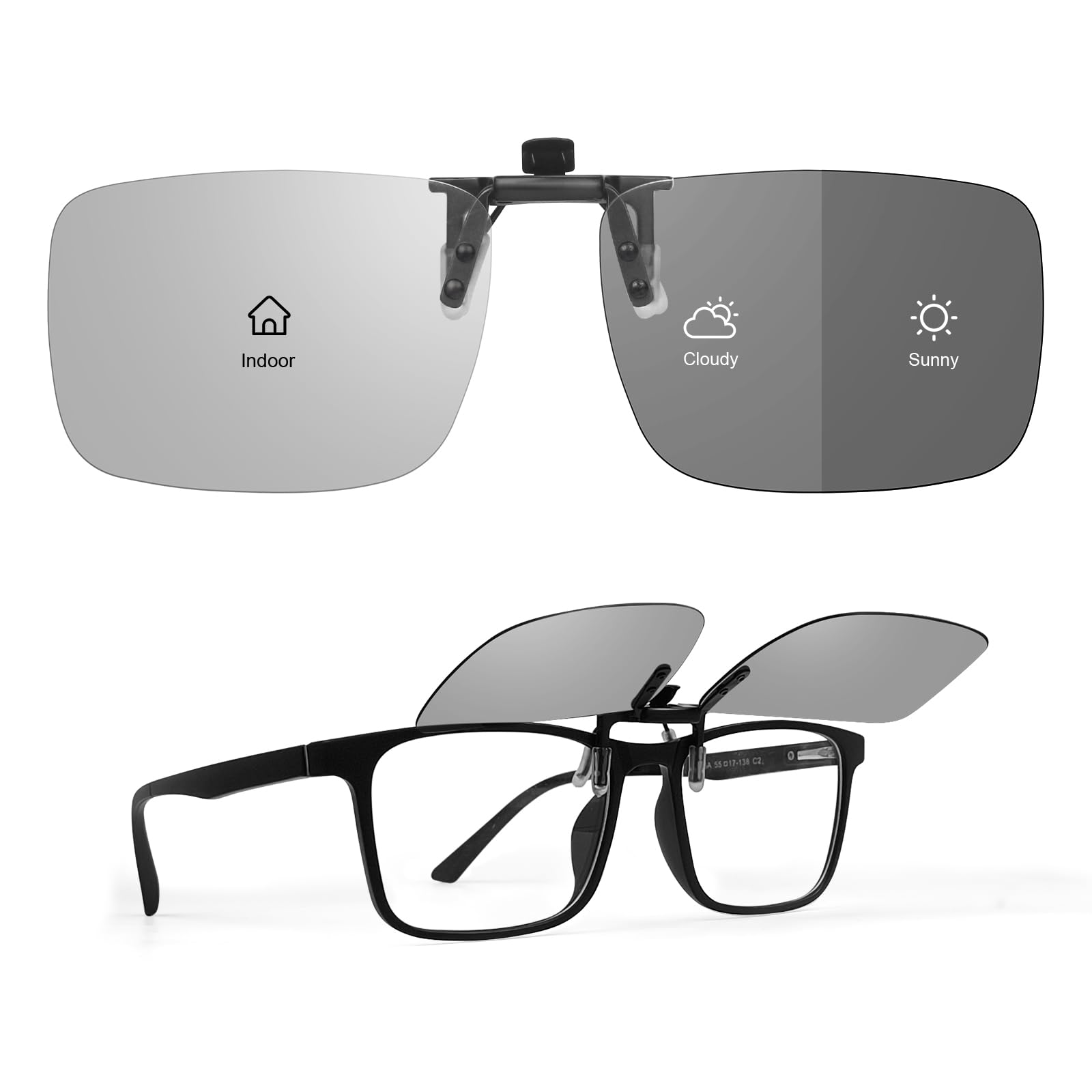 TEMSO Photochromic Clip on Sunglasses,Polarised UV400 Flip up Anti-Glare Driving Glasses for Mens Women,HD Vision and Safer for Prescription Glasses|Grey|60 * 42mm