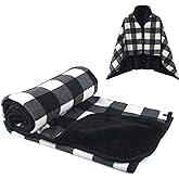 forestfish Fleece Wearable Blanket, Plaid Lap Blanket Comfy Poncho Throw with Buttons for Bed Sofa Office, Black-White