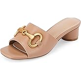 Coutgo Womens Heeled Slides Sandals Square Open Toe Slip on Comfortable Mules Block Low Heel Metal Chain Dressy Shoes
