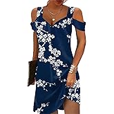 Summer Dresses for Women 2025 V Neck Cold Shoulder Vintage Printed A-Line Dress Beach Vacation Boho Midi Sundress