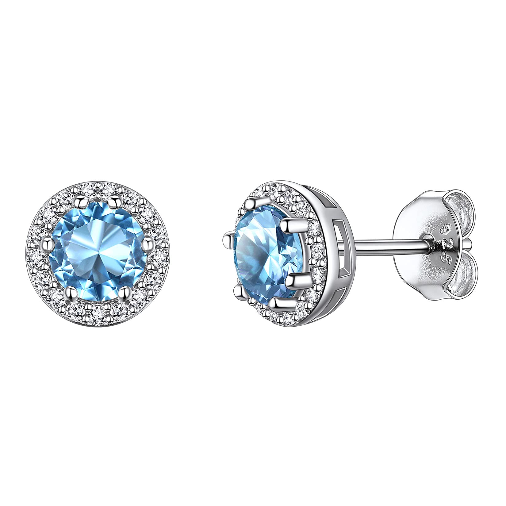 925 Sterling Silver Round Brilliant Cut Cubic Zirconia CZ Stud Earrings Dainty Small Comfortable Simulated Blue Aquamarine March Birthstone Hypoallergenic Earrings for Women Girls Teens