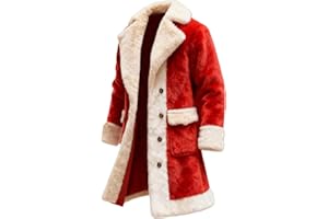 GENERIC Christmas Santa Jackets for Men White Faux Fur Trim Xmas Long Cardigan Winter Lapel Button Fleece Lined Trench Coats