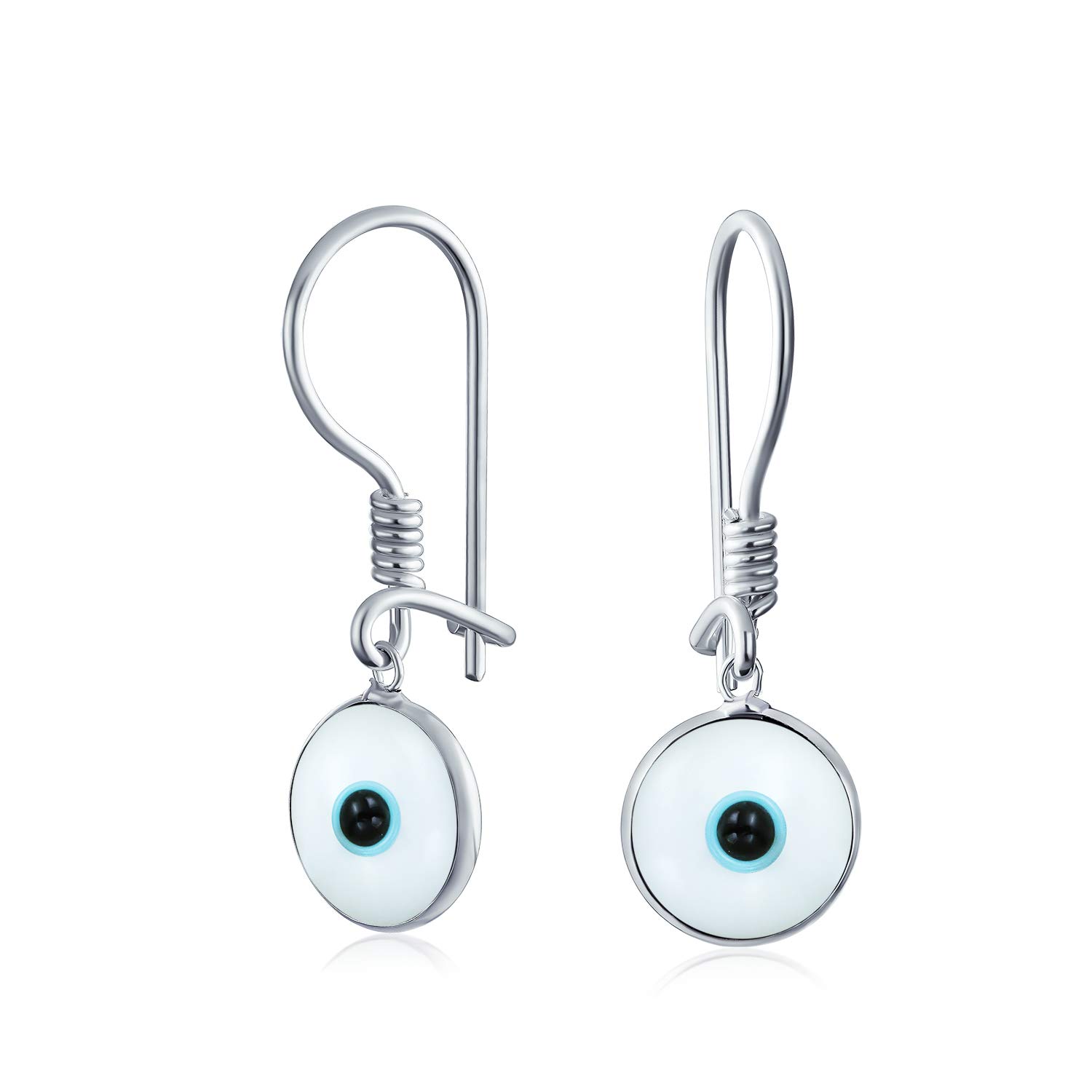 Spiritual Protection Round White Nazar Evil Eye Lever back Drop Earrings For Women Teen Murano Glass .925 Sterling Silver Made In Turkey