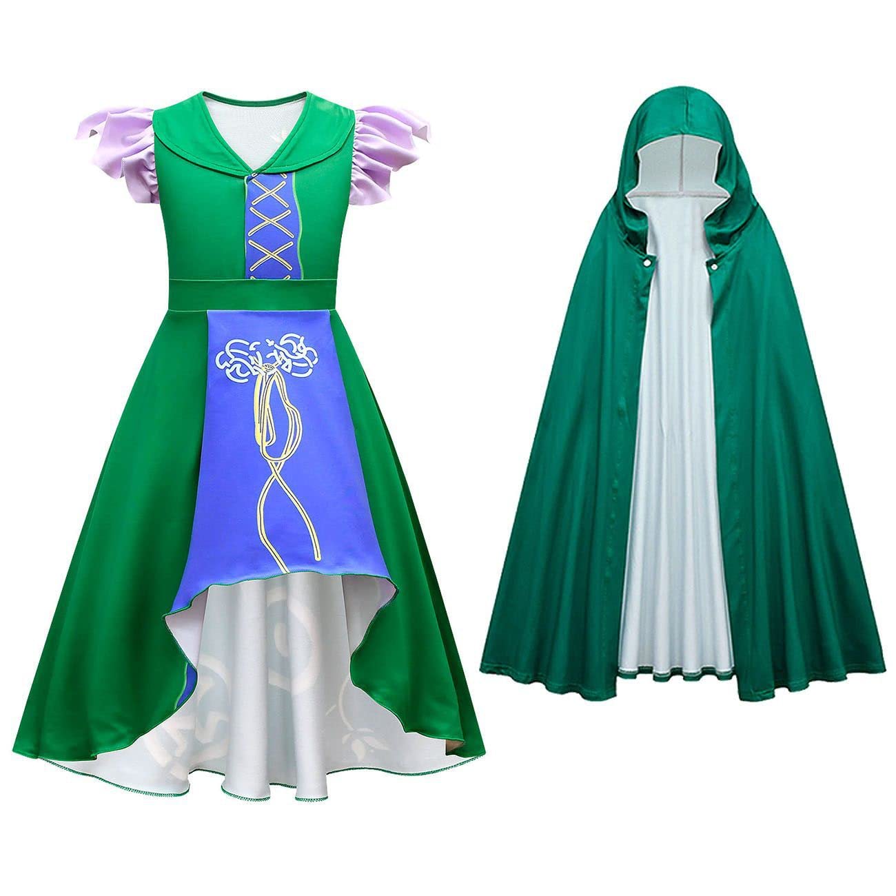 IBTOM CASTLE Sanderson Sisters for Girls,Kids Sarah Mary Winifred Sanderson Outfit Cape Child Party for Teen Green Ruffle+Cloak 11-12 Years