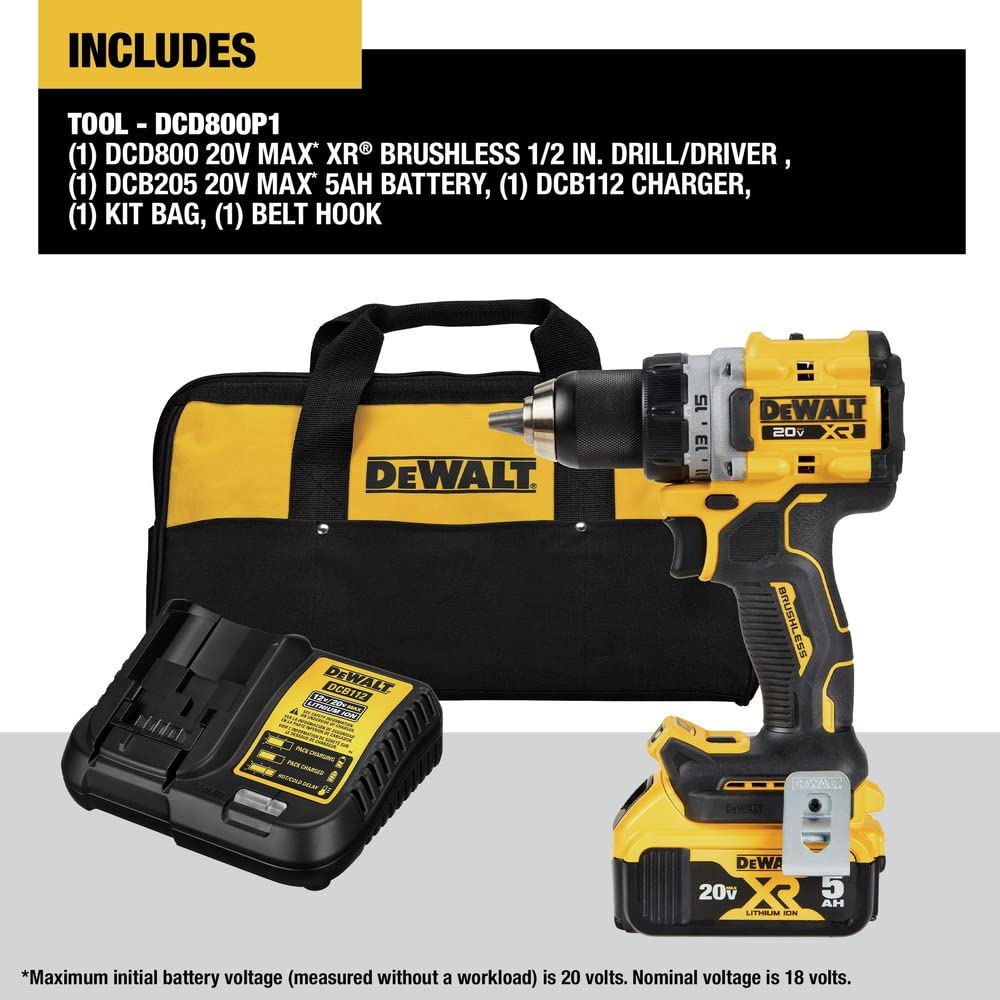 DEWALT 20V MAX* XR® Brushless Cordless 1/2 in. Drill/Driver Kit (DCD800P1), Yellow