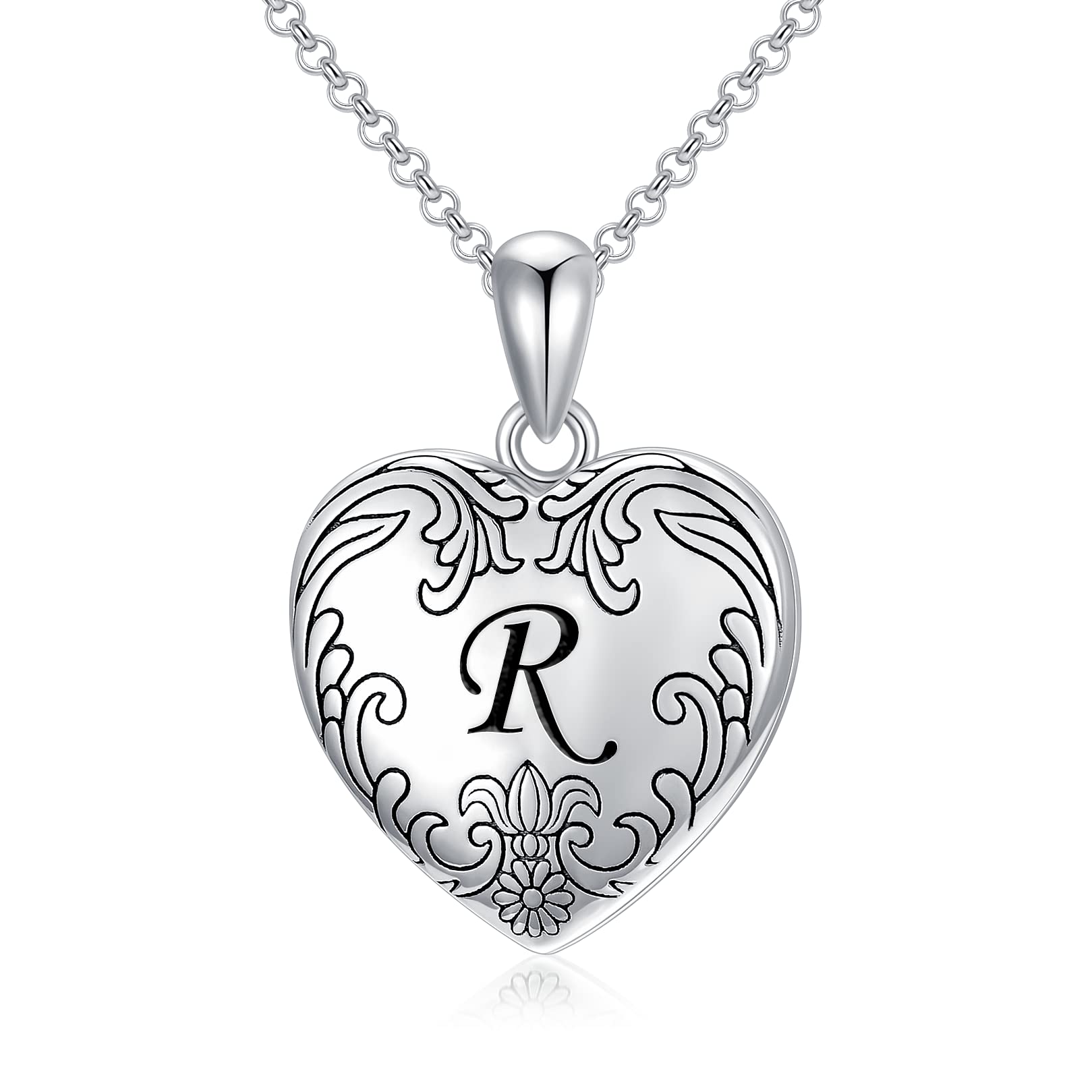 SOULMEET 18K White Gold Plated Silver Cameo Initial Heart Locket Necklace That Holds Pictures Photo Locket Necklace Alphabet R (Locket only)