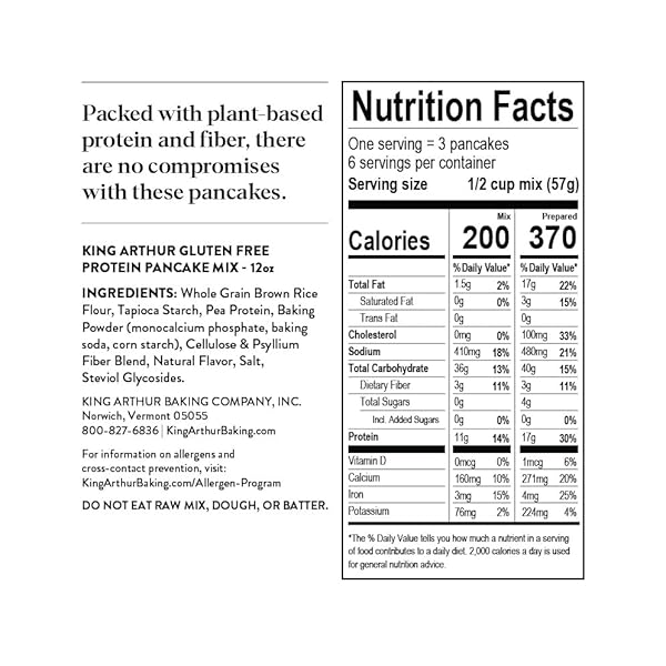 KING ARTHUR FLOUR GLUTEN FREE PROTEIN PANCAKE MIX, NON-GMO PROJECT VERIFIED, NO SUGAR ADDED, NON-DAIRY, 12 OZ (PACK OF 1)
