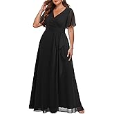 Talisea Plus Size Formal Dresses - Wedding Guest Bridesmaid Evening Prom Chiffon V Neck Ruffle Short Sleeves Long Dress Women
