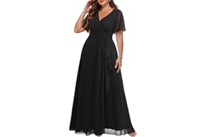 TALISEA Plus Size Formal Dresses - Wedding Guest Bridesmaid Evening Prom Chiffon V Neck Ruffle Short Sleeves Long Dress Women