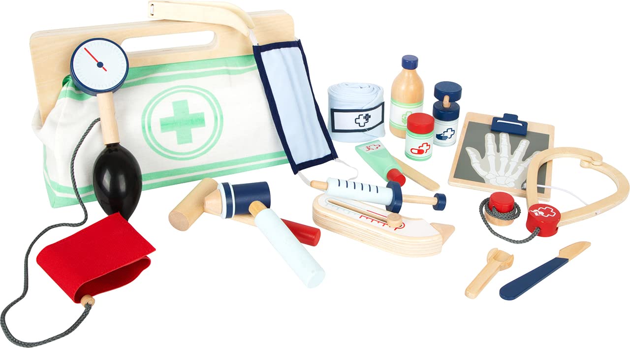 Small Foot 11916 Doctor's Bag with wooden accessories e.g. blood pressure gauge and syringe, for kids aged 3+ years