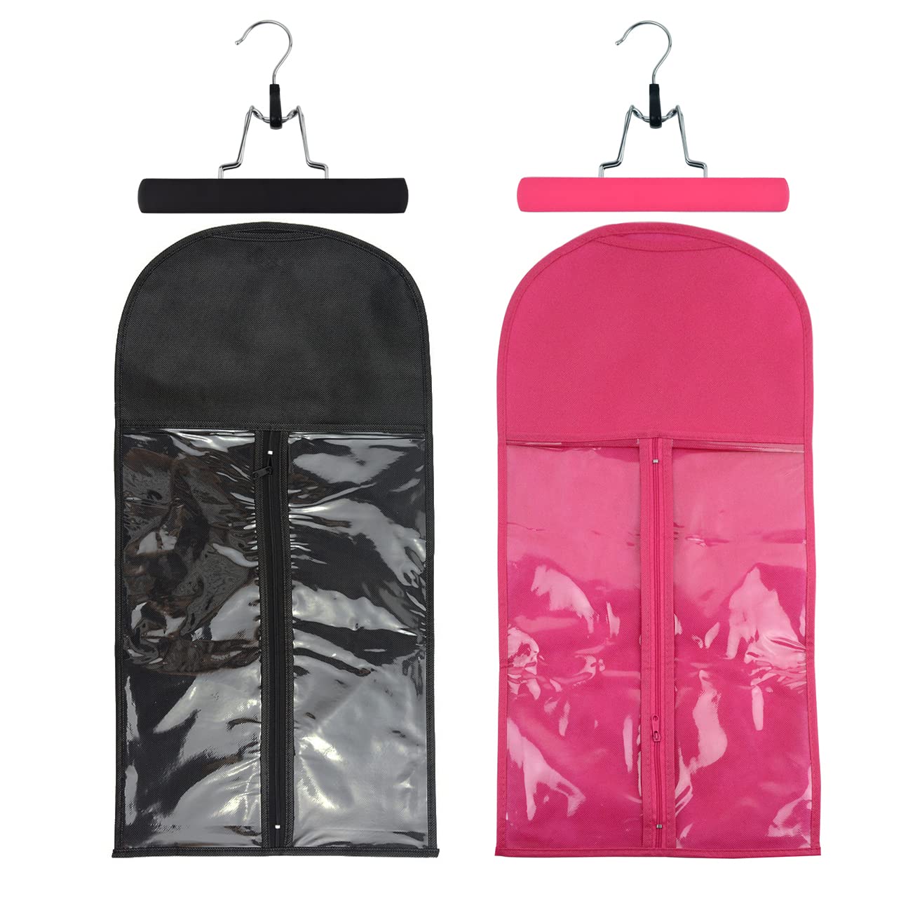 2 Pcs Wig Hair Extensions Storage Bag with Wooden Hanger - Portable, Dust-proof Wig Bags (Black + Pink)