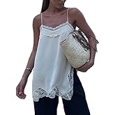 Long Lace Camisole Tops for Women Square Neck Side Split Flowy Tank Top Chiffon Lace Trim Cami Tunic Undershirt