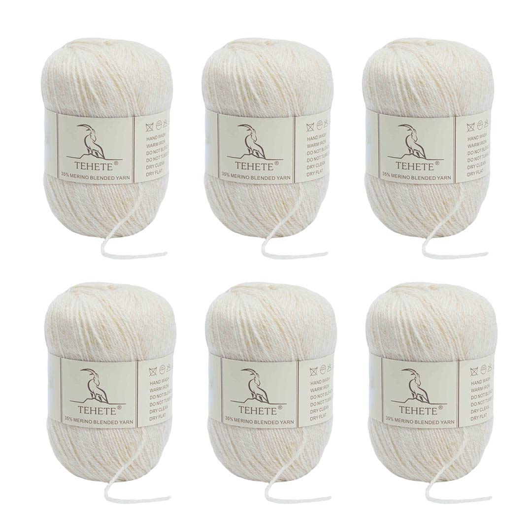 TEHETE Merino Wool Yarn for Knitting and Crochet 6x50g 35% Merino Blended Yarn 3ply Soft, Set of 6-Beige