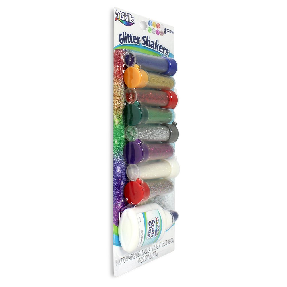 ArtSkills Ultra-Fine and Bright Glitter Shakers and Craft Glue, Arts and Crafts Supplies, Classic Colors, 9 Pieces