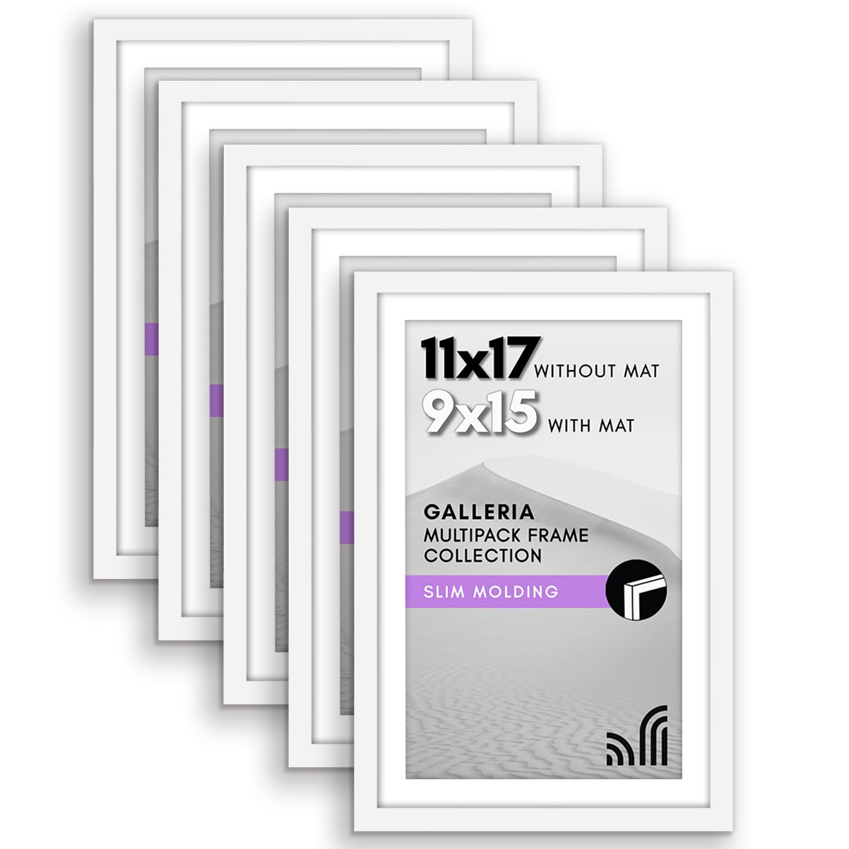 Americanflat 11x17 Picture Frame with Polished Plexiglass - Set of 5 - Use as 9x15 Frame with Mat or Display 11x17 Photo Without Mat - Galleria Collection - Picture Frames for Wall Display - White Image