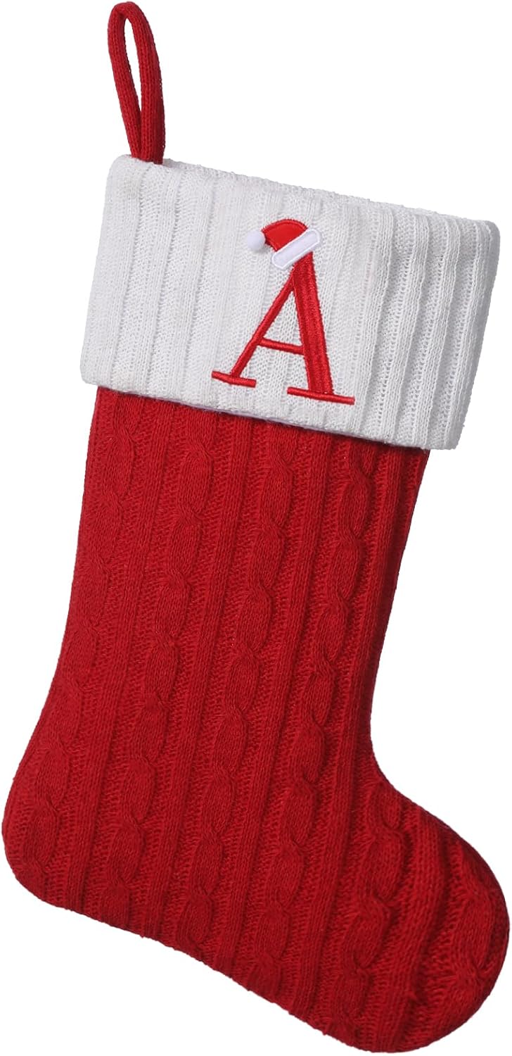 Stockings & Holders - Yehnois 19.5-inch Red Knit Monogram Christmas Stockings,Personalized Initial Christmas Stocking, Family Holiday Xmas Party Decor (Letter A)