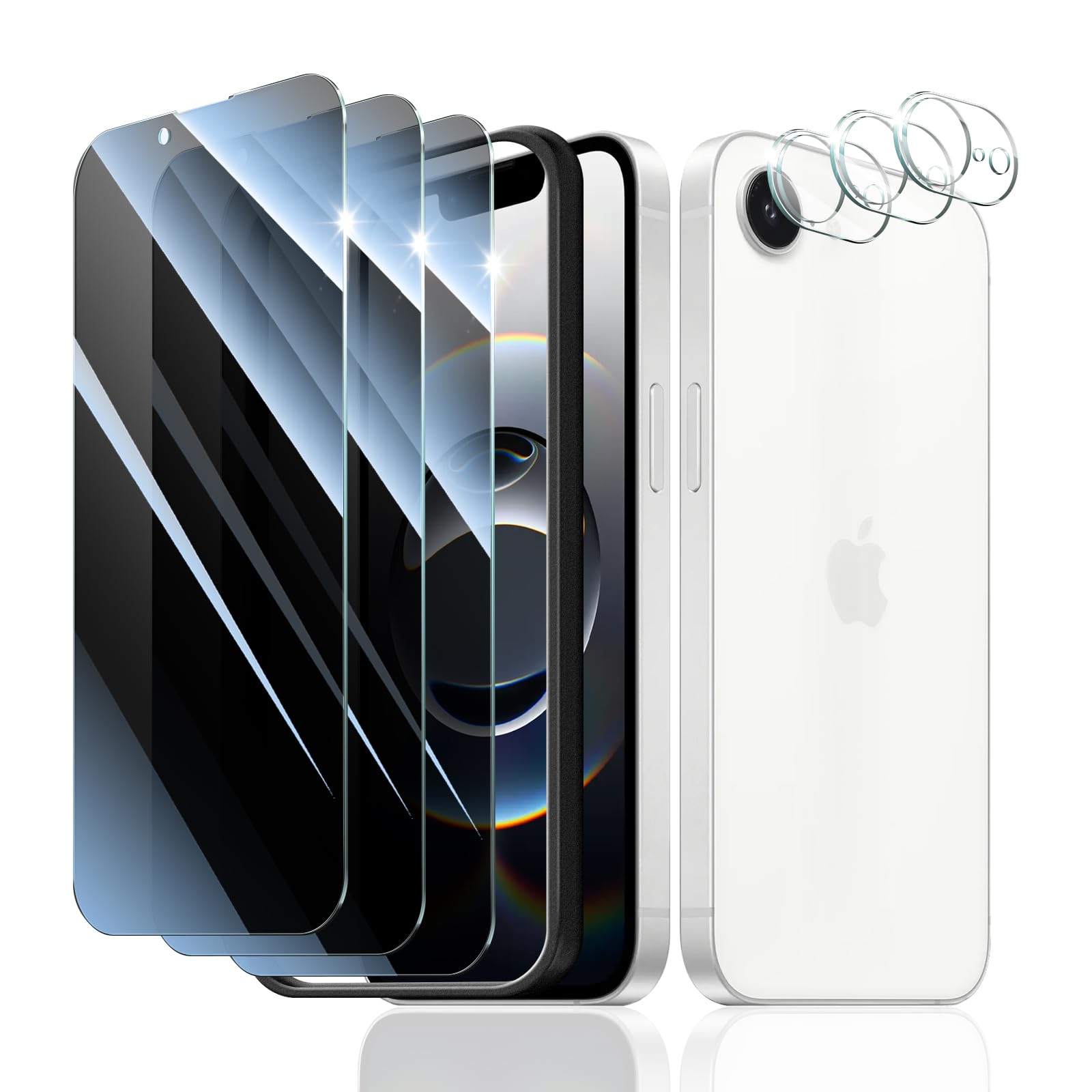 Fynorao 3+3+1-Pack, Privacy Screen Protector and Camera Lens Protector for iPhone 17e/16e with Installation Alignment Aid, Anti-Spy Tempered Glass Film, Dark Private Black Protection, Anti-Scratch