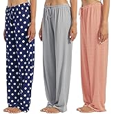 OAKVON 3-Pack Women’s Pajama Pants - Elastic Waist Drawstring Wide Leg Sleepwear Bottoms