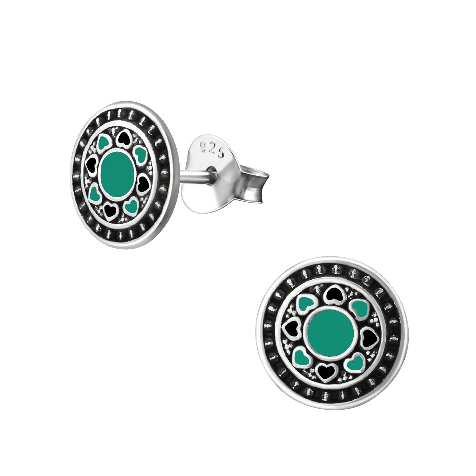 925 Sterling Silver Oxidised Lightweight Hollow-Back Women 925 Sterling Silver Green And Black Ethnic Tribal Stud Earrings for Women & Girls – Everyday Jewellery Gift Boxed