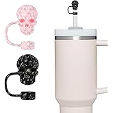 2 Pack Skull Straw Toppers for Stanley Cup 30&40oz, Tumbler Water Cup Accessories, Reusable Dust-Proof 3D Straw Cover Cap, Hollaween Gift (Black&Pink)