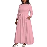 XNMHL Plus Size Maxi Dress for Curvy Women with Belt Crew Neck 3/4 Sleeve Flowy Long Outfits Sizes L to 5XL