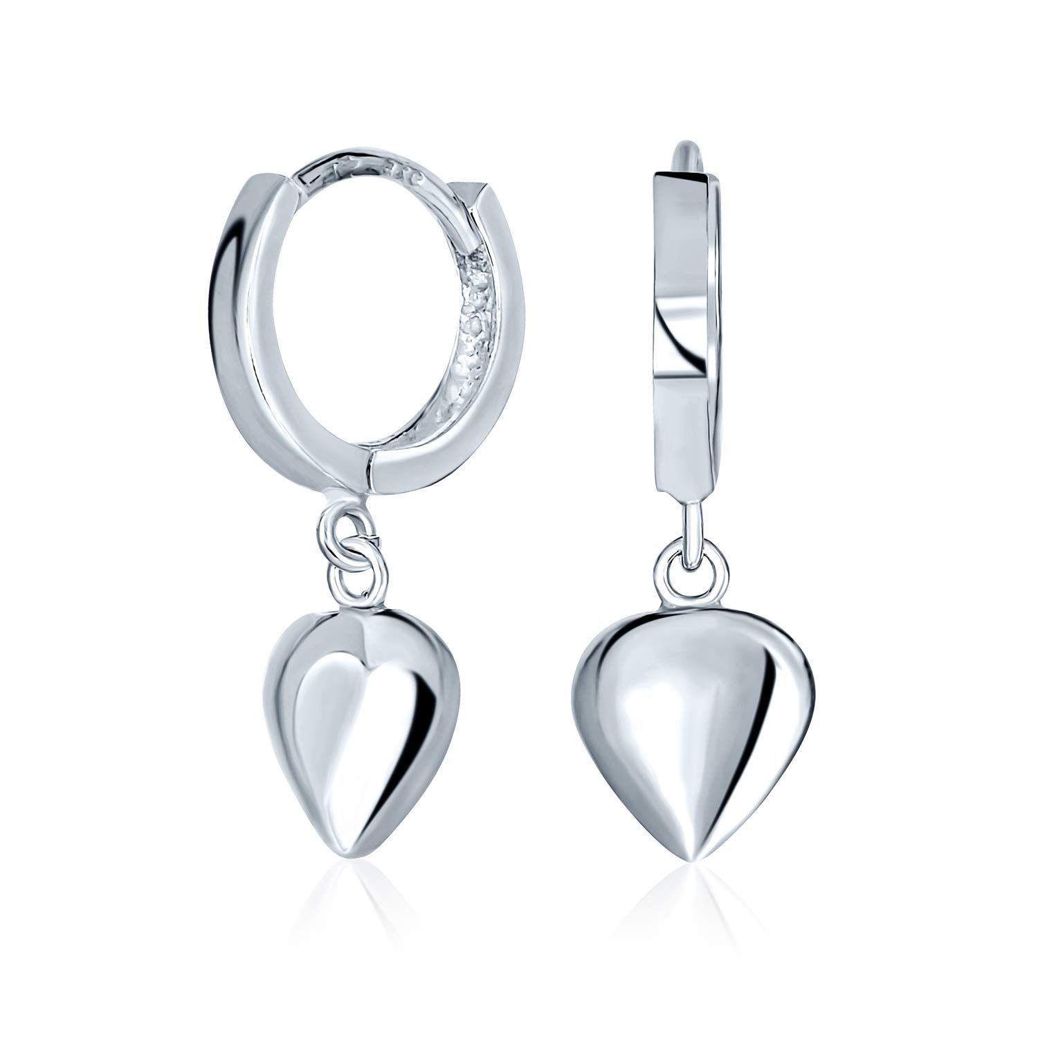 Romantic Love Dangle Charm Puff Heart Shaped Huggie Mini Hoop Earrings For Women Teens .925 Sterling Silver
