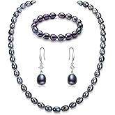 YAMI Pearl Necklace and Earrings Set, Black/Purple/White Pearl Jewelry Set, Natural Cultured Pearls with 925 Sterlings Silver