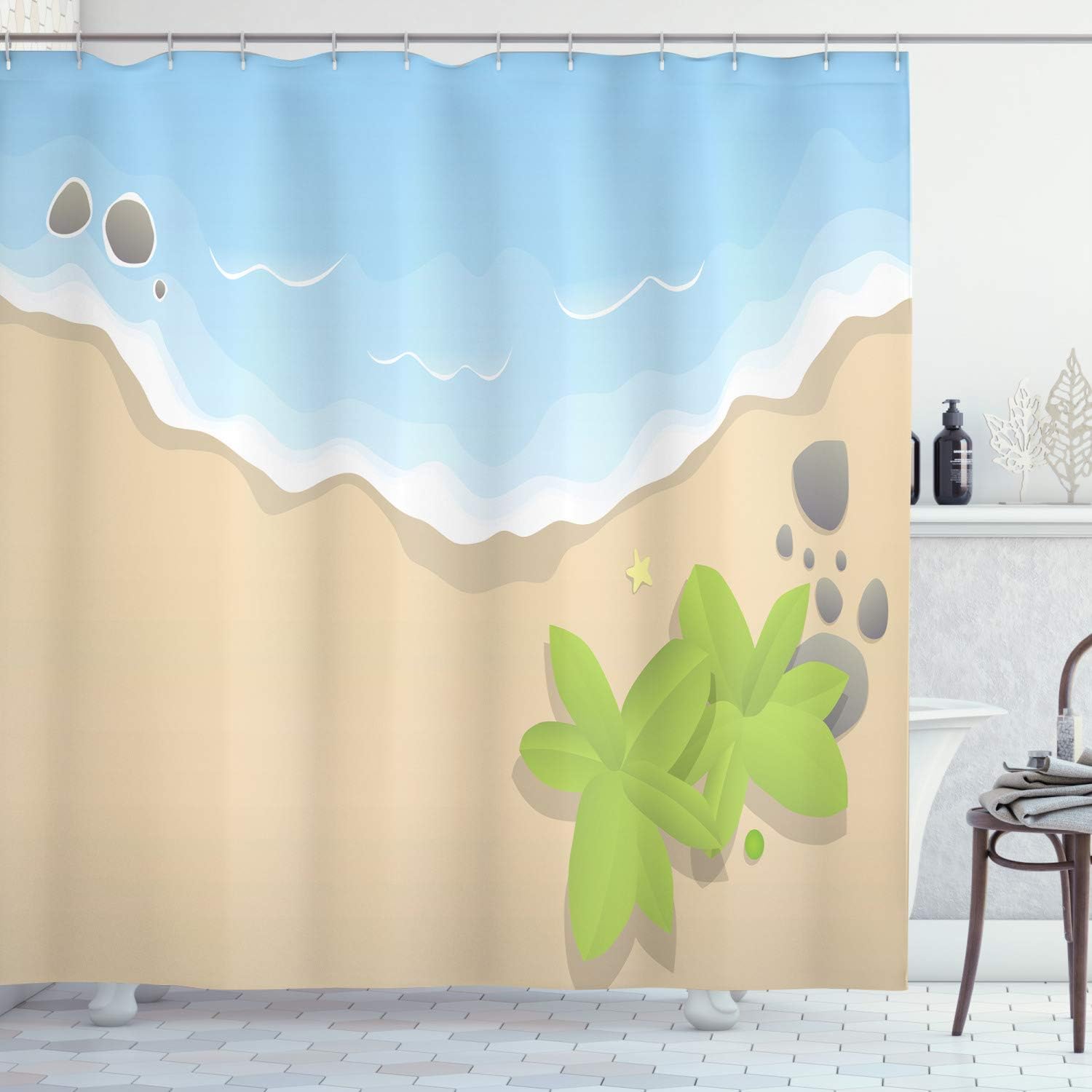 Lunarable Tropical Shower Curtain, Ocean Shore with Rocks Exotic Foliage in Bird's Eye View, Cloth Fabric Bathroom Decor Set with Hooks, 84" Long Extra, Sand Brown Pale Blue Apple Green