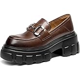 EAU Today Platform Loafers for Women,Leather Chunky Loafers for Women,Heel Lug Sole Slip-on Breathable Horsebit Non-Slip Shoes for Work Business Casual Black US 6