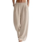LOMON Linen Pants Women Wide Leg Palazzo Summer Flowy Pants Beach Vacation Clothes Elastic Waist Travel Trousers with Pockets
