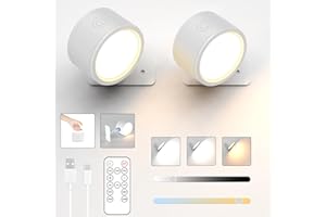 ADEPTUS MECHANICUS LED Wall Lights with Remote, Rechargeable Battery Operated Wall Light for Bedroom Bedside , Wireless 3 Color Temperatures & Dim 360°Rotation Cordless Wall Lamps with Handle , White, 2 Pack