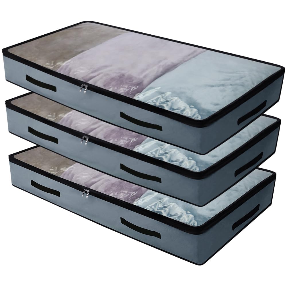 Pack of 3, Underbed Storage Bags with Clear Lid for Clothing Shoes Blankets Duvets, 70L Under Bed Storage Boxes with Visible Lid, Reinforced Handle, Grey