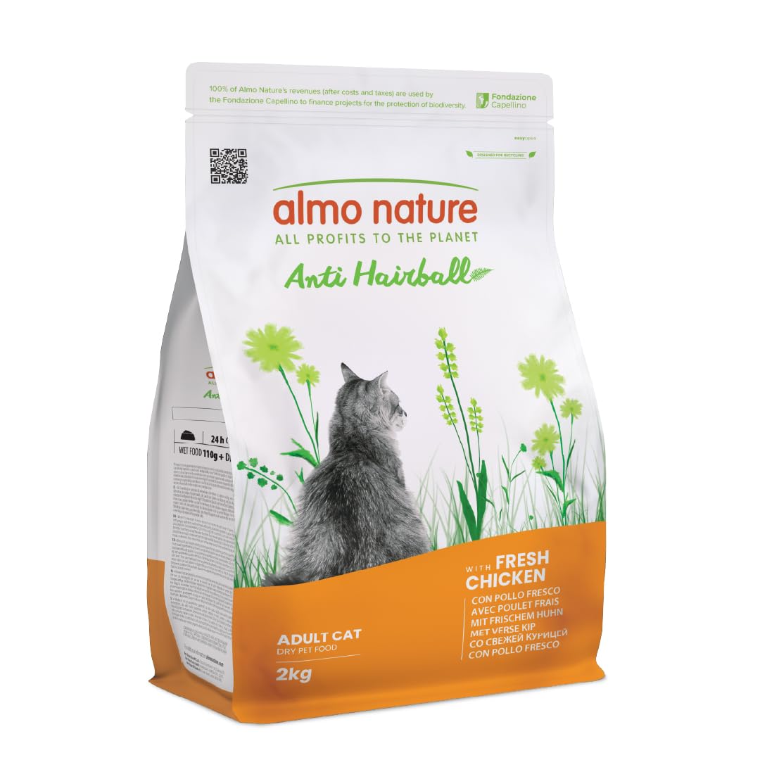 Almo Nature Anti Hairball - Adult Cat Kibble with Fresh Chicken, with a Blend of Vegetable Fibres to Counteract the Formation of Hairballs - 2kg Bag