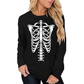 Barlver Women's Halloween Funny Skeleton T-Shirt Pumpkin Face Long Sleeve Novelty Cotton Costume Top Tees