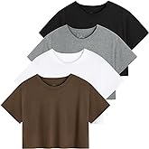 Cosy Pyro 4-Pack Women's Cotton Crop T-Shirts Short Sleeve Solid Cropped Athletic Top Round Neck Casual Workout Yoga Tees
