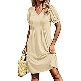 Bluetime Dresses for Women Casual Summer Sundresses Pleated V Neck Short Sleeve A Line Flowy Boho Dress Beach Vacation