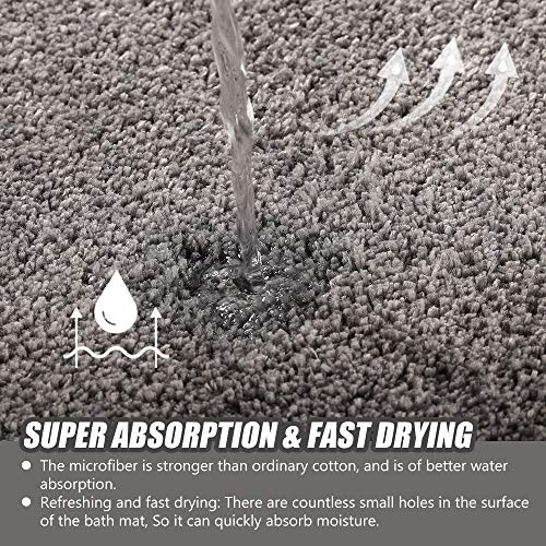 RJUN Bathroom Rug Non Slip Bath Mat Water Absorbent Soft Microfiber Shaggy Bathroom Mat, 16"x24", Machine Washable Bath Rug, Perfect Plush Carpet Mats for Tub, Shower, and Bath Room (16"x24", Gray) - Thumbnail 3