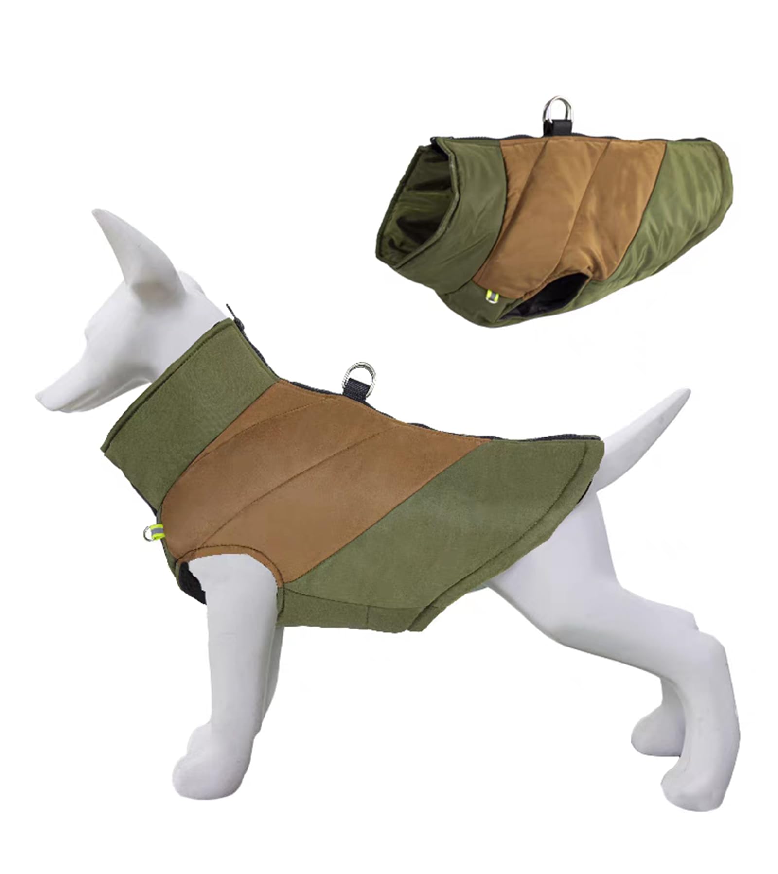 Dog Winter Warm Coat with D-Ring,Slightly Waterproof Pet Color Blocking Jacket Dog Cold Weather Clothing for Small Medium Large Dogs_S(Army Green & Khaki)