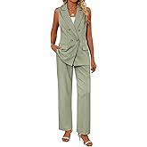 Riyiper Women Suits 2 Piece Sets Button Lapel V Neck Sleeveless Blazer Vest and Wide Leg Pants Suit Matching Outfits