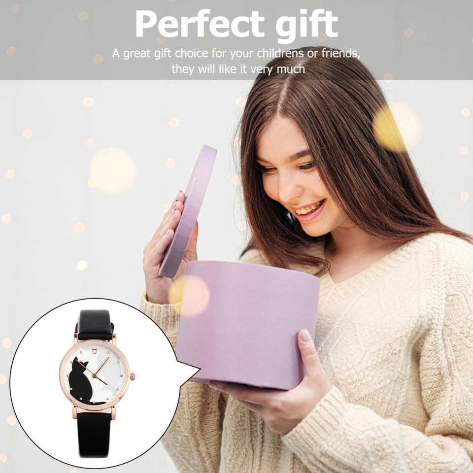 TEHAUX TEHAUX Girls Watch with Leather Strap, Cute Cartoon Cat Pattern Wrist Watch, Easy to Read, Ideal for Girls, Ladies (Black)