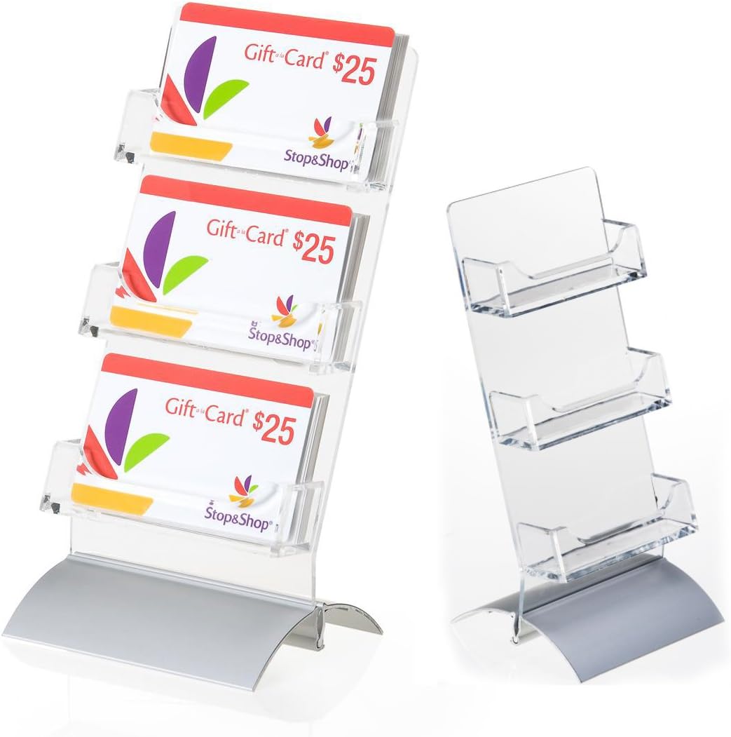 Premium Business Card or Gift Card Holder Display for Tabletop 3-Pocket, Slant Back – Silver