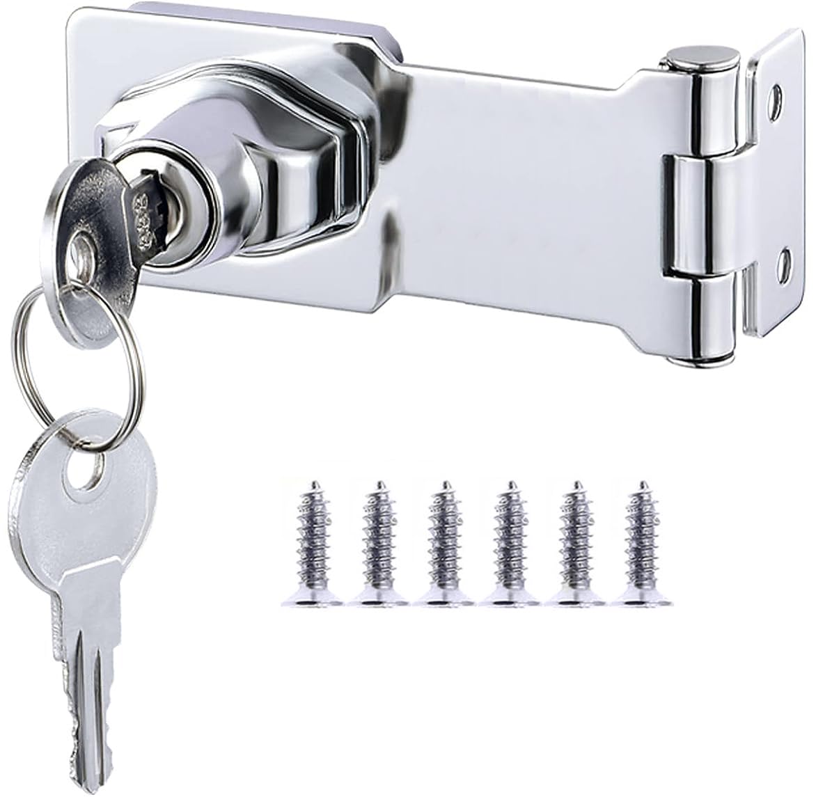 ZiYuya Keyed Hasp Lock and Staple with Padlock, Twist Knob Keyed Locking Hasp Right Angle 90 Degree Door Latch Bolt Lock Hasps for Shep Cabinets Cupboard Drawer Gate (Silver, 4 Inch)