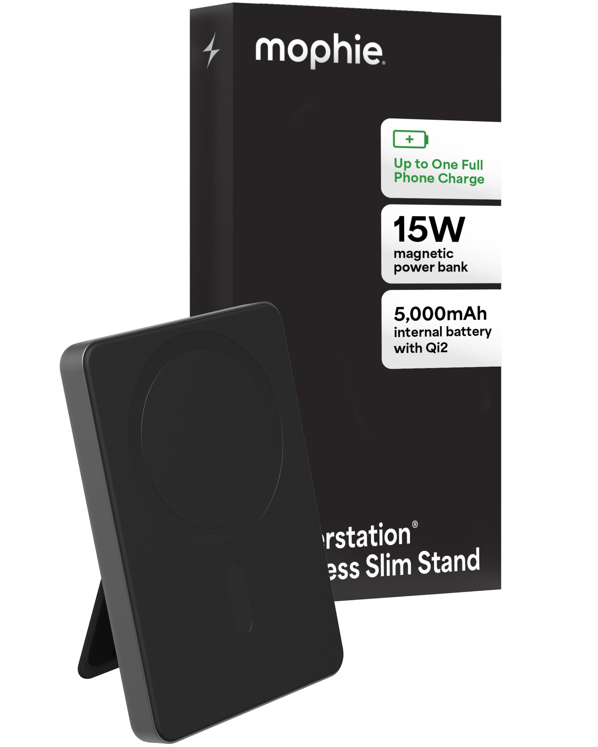 Mophie Powerstation Wireless Slim with Stand 5,000mAh Power Bank – MagSafe Compatible, 15W Qi2-Certified, 20W USB-C PD Fast Charging, Ultra-Thin Battery Pack for iPhone, Android, Travel & Airplane Use
