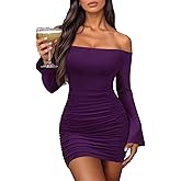 Women's Off Shoulder Bodycon Mini Dress Elegant Long Sleeve Ruched & Ribbed Tight Fit Clubwear for Cocktail Party,Date Night
