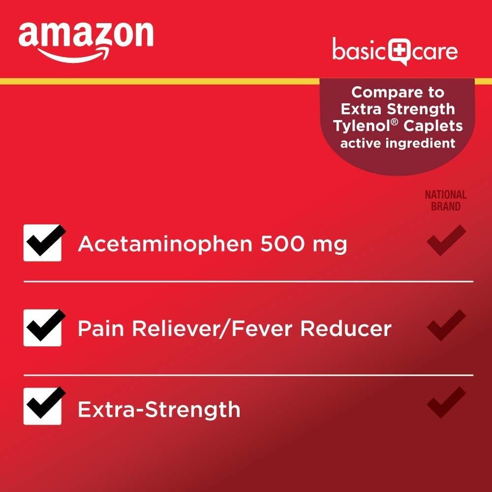 Basic Care Extra Strength Pain Relief, Acetaminophen Caplets, 500 mg, 500 Count: Health & Personal Care