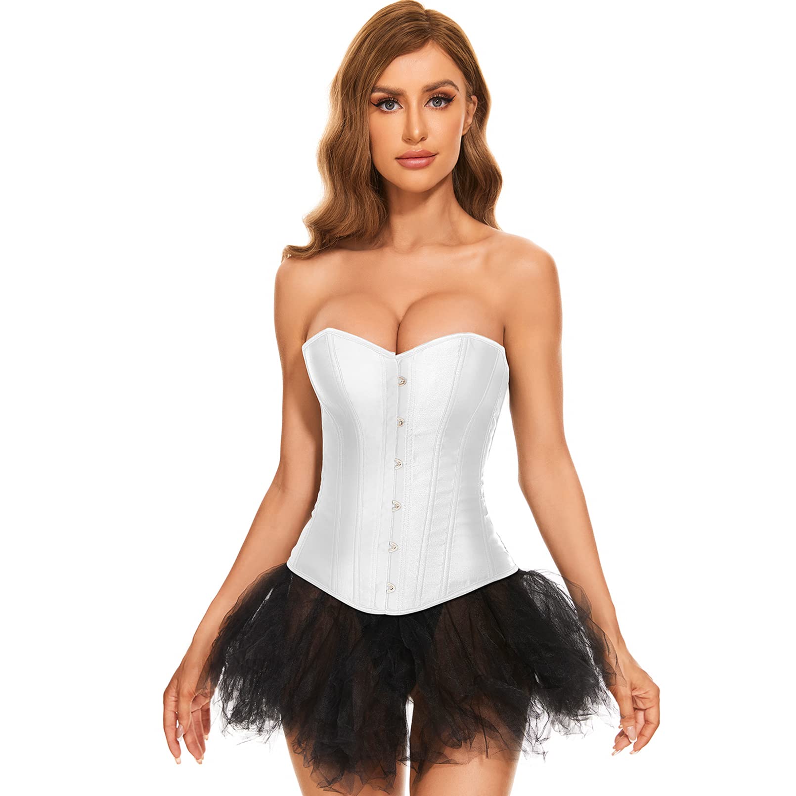 Photo 1 of LEACOOLKEY Women White Bustier Corset Top Boned Overbust Lace-up Waist Cincher Corset Lingerie Shapewear Halloween Costume